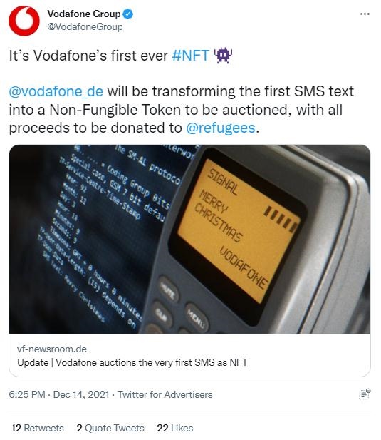 英國(guó)沃達(dá)豐公司也表示，計(jì)劃將拍賣所得全部捐贈(zèng)給聯(lián)合國(guó)難民署，以支持那些被迫逃離家園的人。(圖片來(lái)源：英國(guó)沃達(dá)豐公司社交媒體截圖)