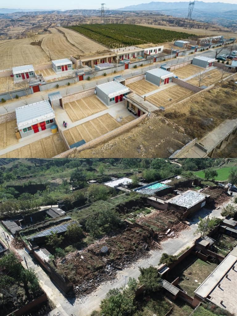 拼版照片，上圖是2022年1月山西省霍州市師莊鄉(xiāng)馮南垣村災(zāi)后恢復(fù)重建后的場(chǎng)景，下圖是2021年10月村莊因?yàn)?zāi)受損的場(chǎng)景。(霍州市委宣傳部供圖)