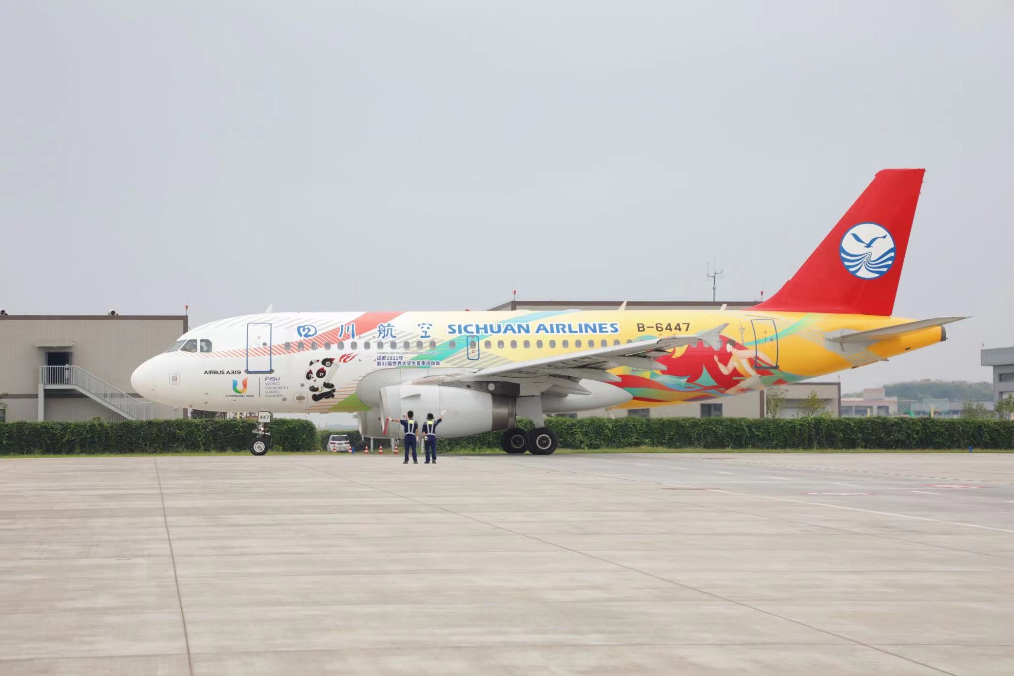 “大運(yùn)號(hào)”主題彩繪飛機(jī)。 圖片來(lái)源：成都大運(yùn)會(huì)執(zhí)委會(huì) 趙汪洋攝