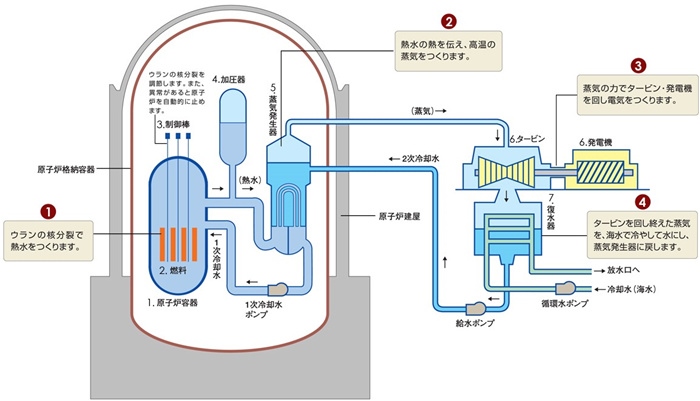 核電站運(yùn)作原理圖。通常的核電站排水未直接接觸核燃料。（圖片來源：日本北海道電力株式會社網(wǎng)站）