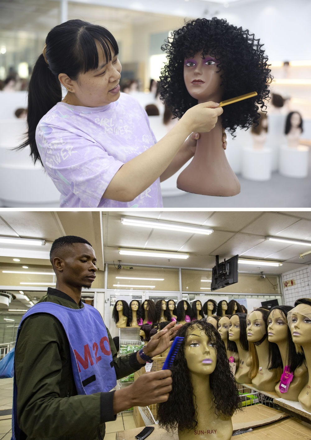 拼版照片：上圖為2023年5月25日，工人在湖南邵陽(yáng)陽(yáng)光發(fā)品有限公司展廳展示假發(fā)（新華社記者薛宇舸攝）；下圖為2023年6月9日，一名店員在湖南邵陽(yáng)陽(yáng)光發(fā)品有限公司位于南非約翰內(nèi)斯堡的店鋪內(nèi)展示假發(fā)（新華社記者張譽(yù)東攝）。新華社發(fā)