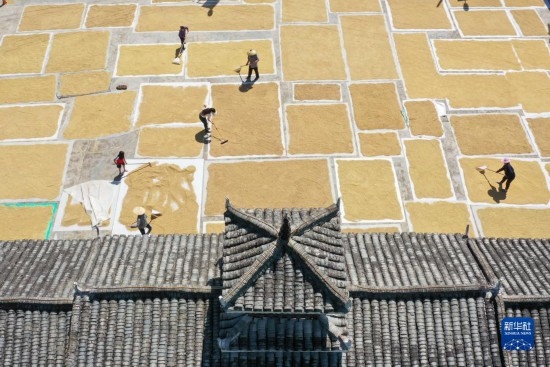 9月16日，村民在貴州省黔東南苗族侗族自治州從江縣剛邊壯族鄉(xiāng)三聯(lián)村晾曬稻谷（無(wú)人機(jī)照片）。