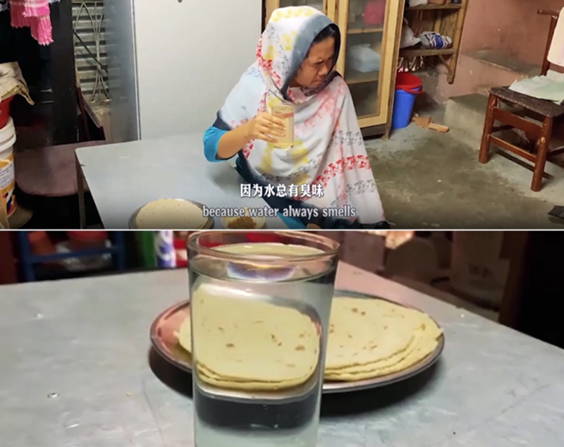 圖為紀實短片截圖：上圖為水質(zhì)未改善前，飲用水發(fā)黃渾濁；下圖為水廠建成后，飲用水水質(zhì)明顯改善，清澈透明。