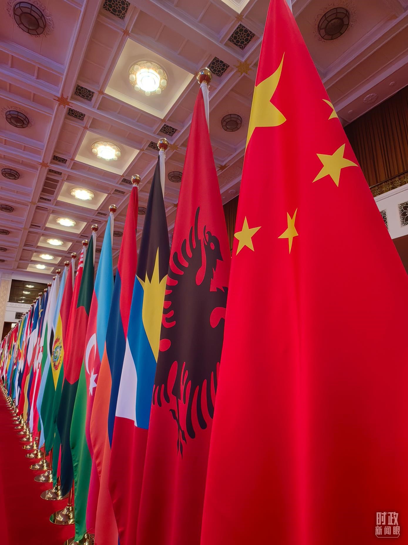 △開幕式會場內(nèi)整齊排列的旗幟。（總臺央視記者楊波拍攝）