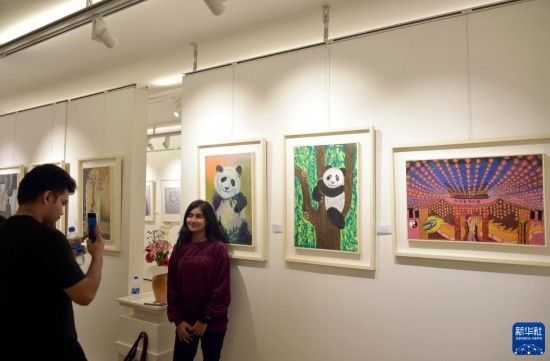 11月22日，在孟加拉國達卡，人們在“國家印象”繪畫展上參觀拍照。新華社發(fā)（薩利姆攝）