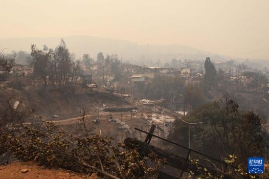 這是2月3日在智利瓦爾帕萊索大區(qū)比尼亞德爾馬市拍攝的在森林火災中燒毀的房屋。新華社發(fā)