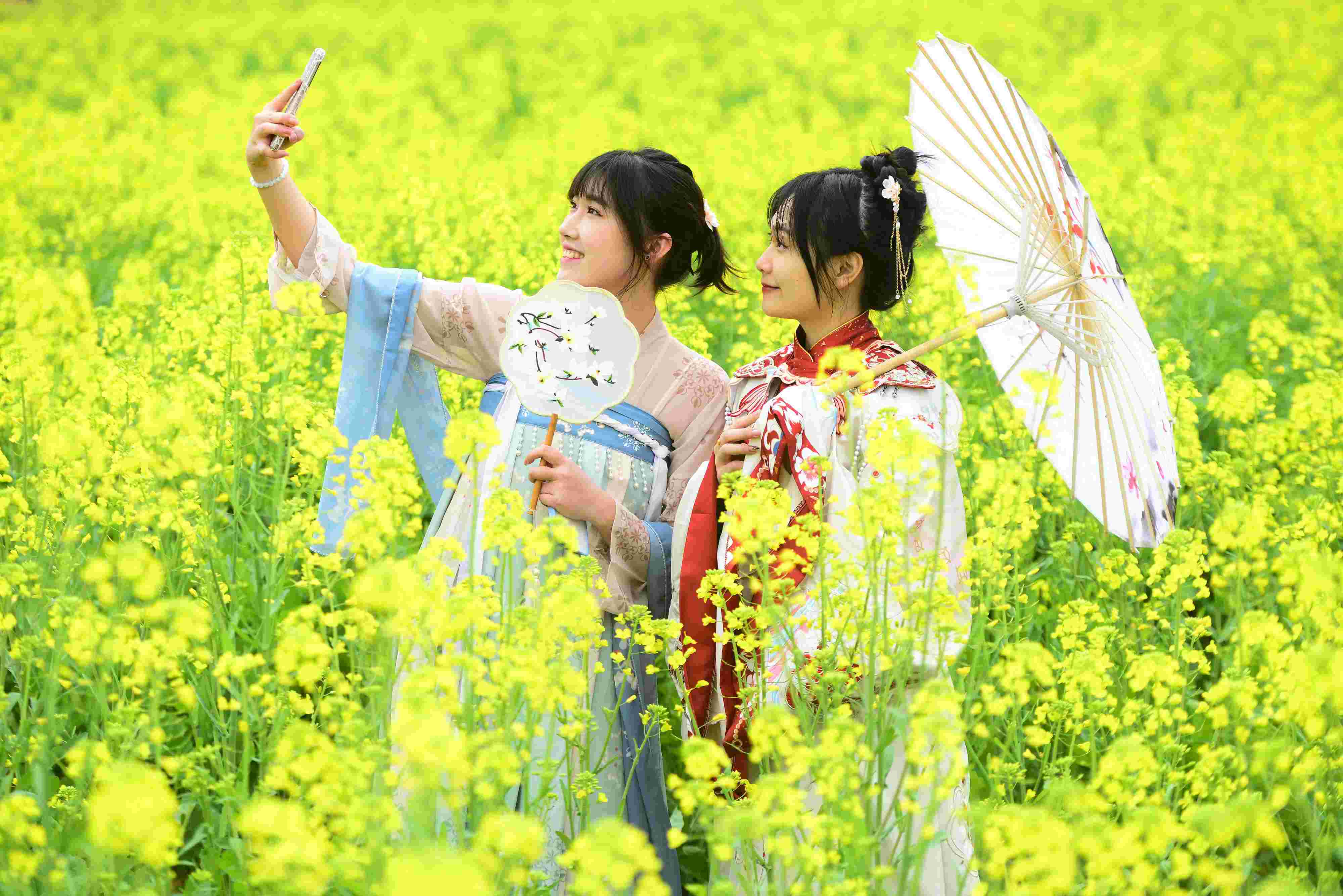 △ 2024年2月16日，廣西賀州，在富川瑤族自治縣麥嶺鎮(zhèn)三民村，游客在油菜花田間賞花拍照。