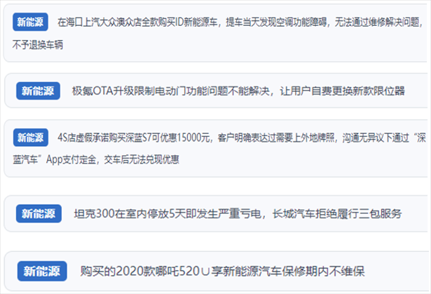 “人民投訴”用戶(hù)吐槽新能源汽車(chē)功能障礙多發(fā)、升級(jí)后配套服務(wù)跟不上、虛假優(yōu)惠、保修期內(nèi)不維保的問(wèn)題。（“人民投訴”平臺(tái)截圖）