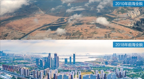 △在前海石公園的前海開發(fā)開放成果展示墻上，一張八年間的前海全貌對比圖。