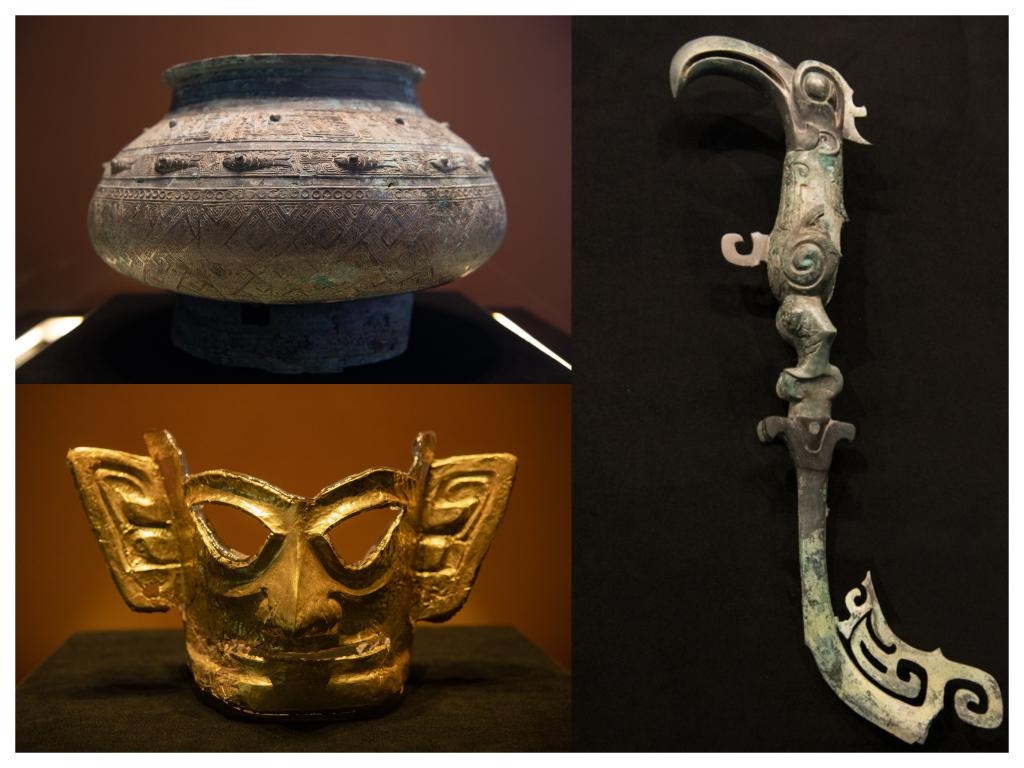 拼版照片：左上圖為青銅瓿，左下圖為黃金面具，右圖為青銅樹枝。新華社記者唐文豪 攝