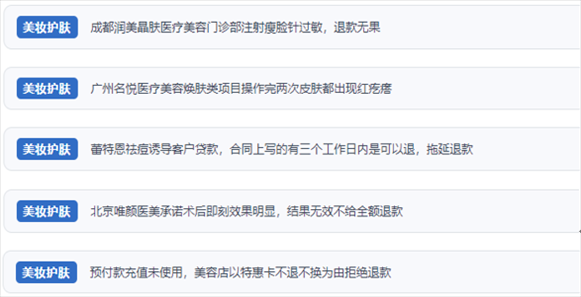 網(wǎng)友涉及醫(yī)美機(jī)構(gòu)虛假宣傳、誘導(dǎo)消費(fèi)、致傷客戶、違約不退費(fèi)等消費(fèi)侵權(quán)的相關(guān)投訴。（“人民投訴”用戶投訴截圖）