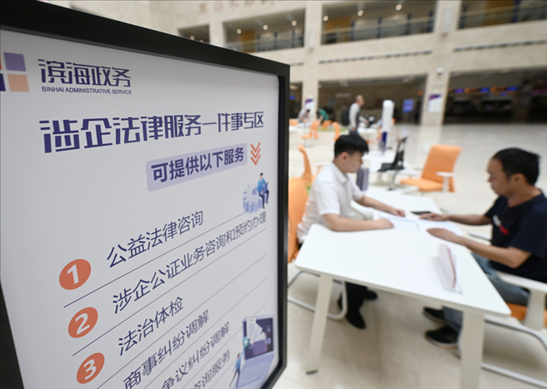 在天津?yàn)I海新區(qū)政務(wù)服務(wù)中心，工作人員在“涉企法律服務(wù)一件事”專區(qū)為市民提供服務(wù)（2024年7月31日攝）。新華社記者 趙子碩 攝