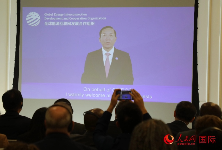 全球能源互聯(lián)網(wǎng)發(fā)展合作組織主席、中國電力企業(yè)聯(lián)合會理事長辛保安通過視頻方式致辭。人民網(wǎng)記者 李志偉攝