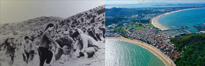 拼版照片：左圖為東山縣群眾在荒山上種植樹苗（資料照片）；右圖為2020年6月18日拍攝的東山縣陳城鎮(zhèn)澳角村附近風(fēng)光（無人機(jī)照片，新華社記者 姜克紅 攝）。