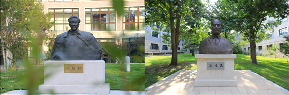△左圖為中央黨校（國家行政學(xué)院）校園內(nèi)的焦裕祿雕塑，右圖為校園內(nèi)的谷文昌雕塑。