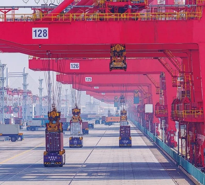 共建“一帶一路”國家在工作制度對(duì)接、技術(shù)標(biāo)準(zhǔn)協(xié)調(diào)、檢驗(yàn)結(jié)果互認(rèn)等方面強(qiáng)化合作、統(tǒng)一標(biāo)準(zhǔn)，貿(mào)易自由化便利化水平不斷提升。上海洋山港海關(guān)對(duì)接共建國家進(jìn)出口貨物相關(guān)標(biāo)準(zhǔn)，推動(dòng)通關(guān)一體化方式申報(bào)，提升通關(guān)效率。圖為無人駕駛的全自動(dòng)導(dǎo)引車在洋山港穿梭往來，搬運(yùn)集裝箱。王初 攝