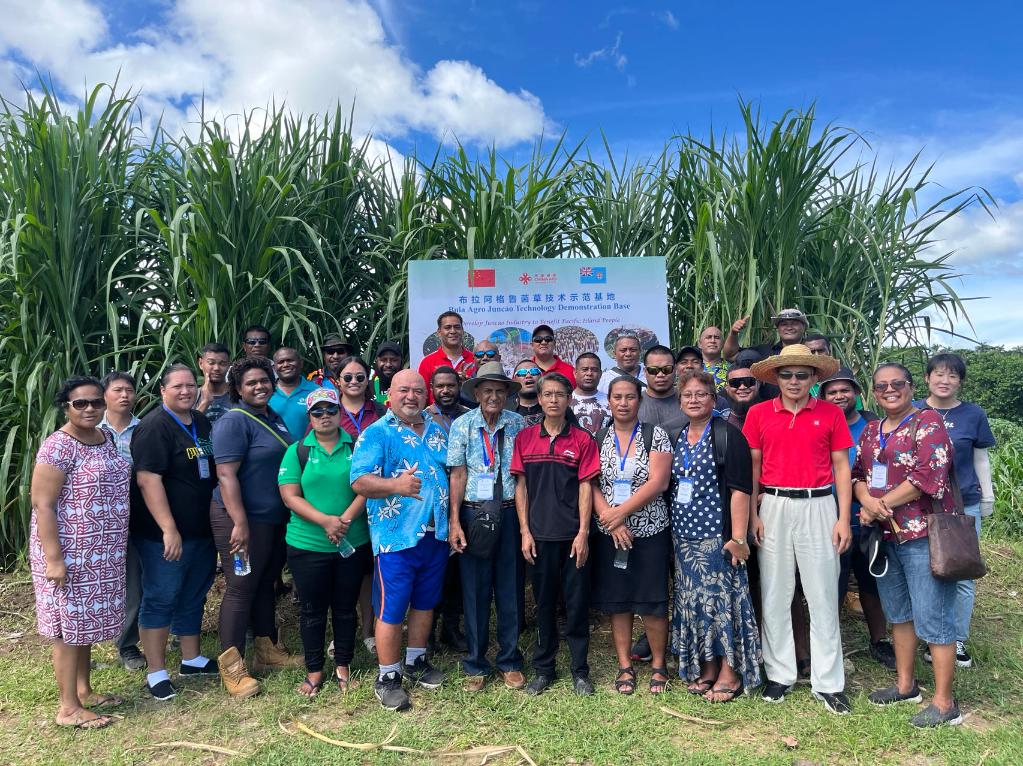 2024年2月28日，來(lái)自巴布亞新幾內(nèi)亞、湯加、庫(kù)克群島、薩摩亞、瑙魯?shù)葒?guó)家的“太平洋島國(guó)菌草技術(shù)培訓(xùn)班”學(xué)員在斐濟(jì)布拉阿格魯菌草技術(shù)示范基地合影。新華社發(fā)（中國(guó)援斐濟(jì)菌草技術(shù)示范中心供圖）