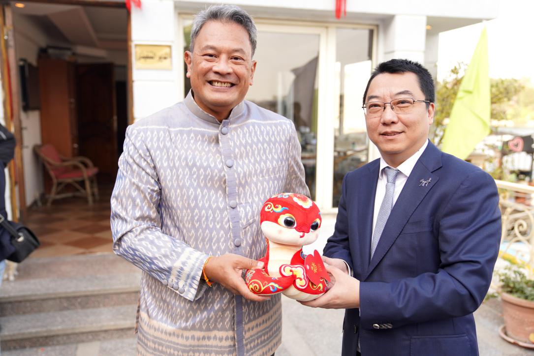 中國(guó)駐埃及使館參贊兼開(kāi)羅中國(guó)文化中心主任張易向塔納瓦大使贈(zèng)送2025“歡樂(lè)春節(jié)”吉祥蛇。開(kāi)羅中國(guó)文化中心供圖